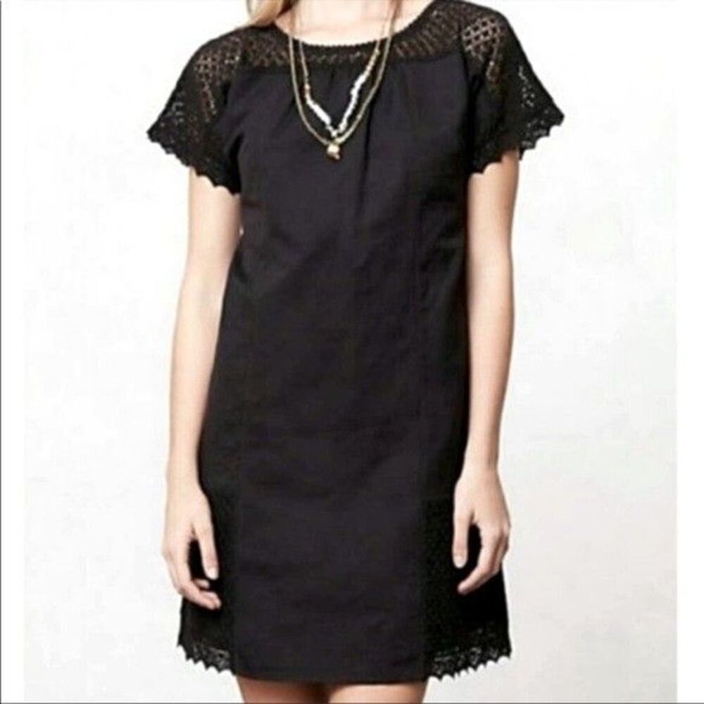Anthropologie Girls from Savoy Dress Sz 0 Black Linen Crochet Short Sleeve